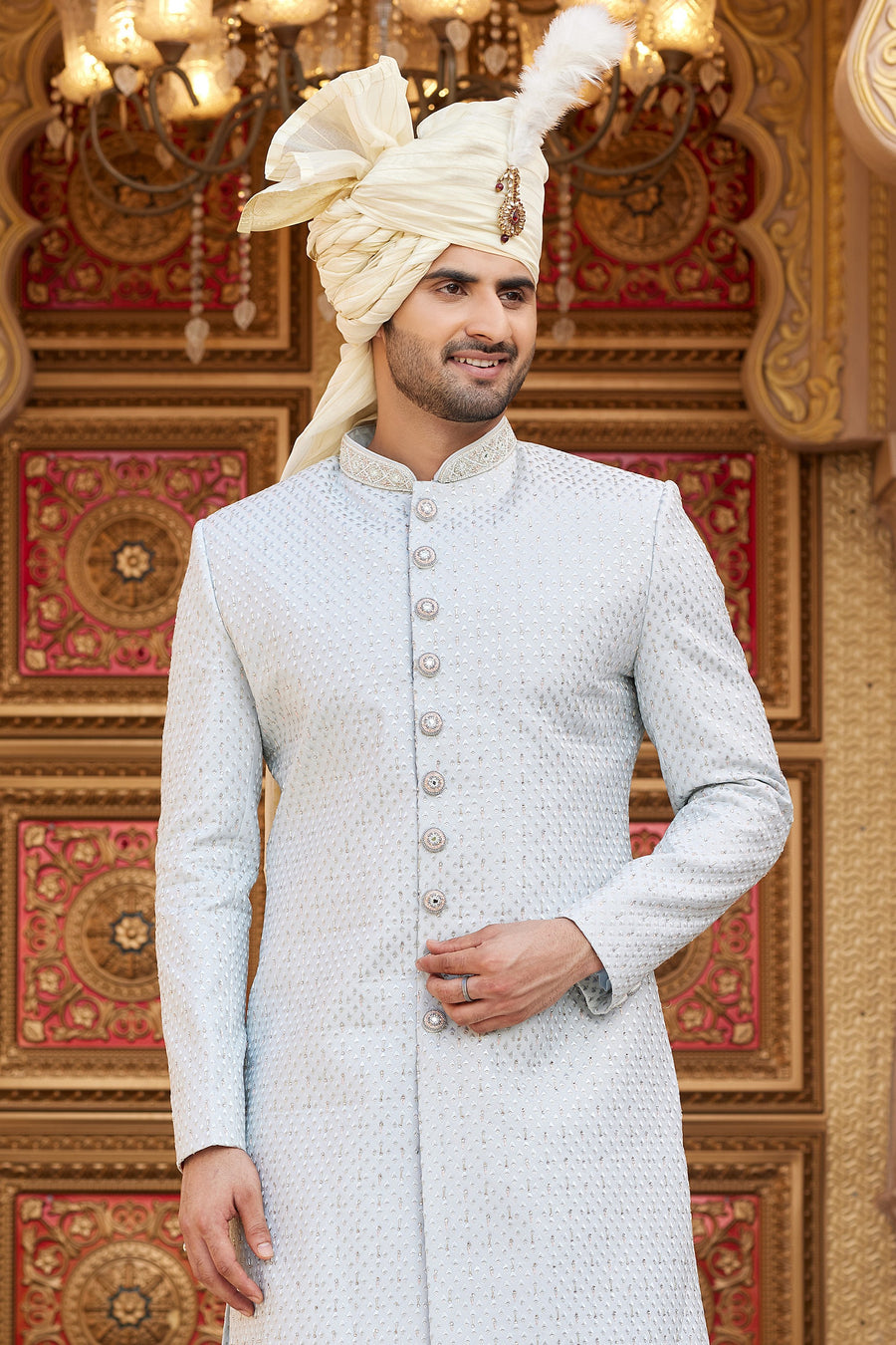 Silver Gray Art Silk Traditional Sherwani Long Kurta & Pant for Men for Wedding - Embroidery Work