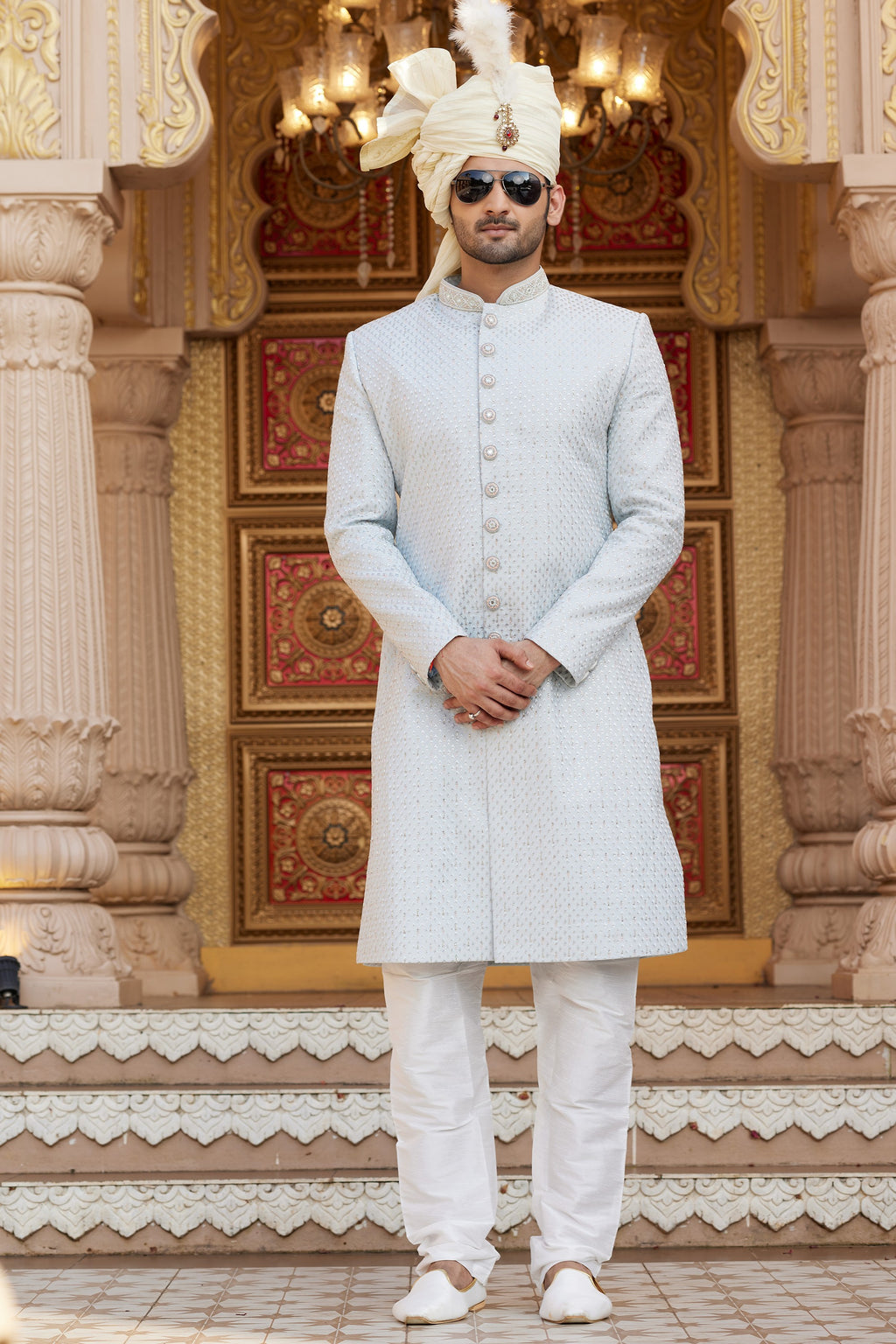 Silver Gray Art Silk Traditional Sherwani Long Kurta & Pant for Men for Wedding - Embroidery Work