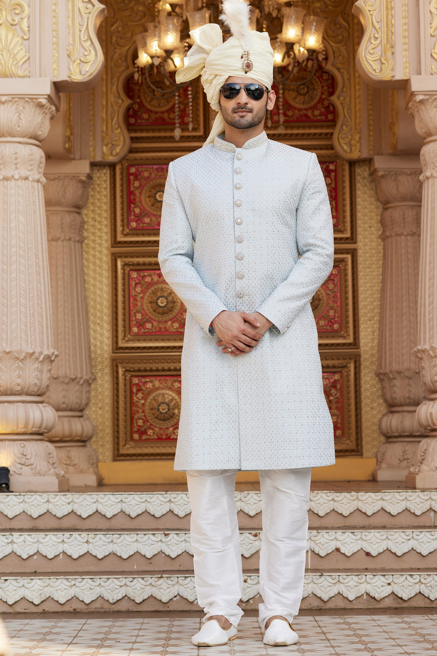 Silver Gray Art Silk Traditional Sherwani Long Kurta & Pant for Men for Wedding - Embroidery Work