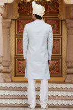 Silver Gray Art Silk Traditional Sherwani Long Kurta & Pant for Men for Wedding - Embroidery Work
