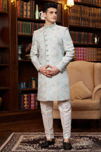 Silver Green Jacquard Silk Indo Western Traditional Sherwani Long Kurta & Pant Suit for Men for Wedding - Embroidery Work