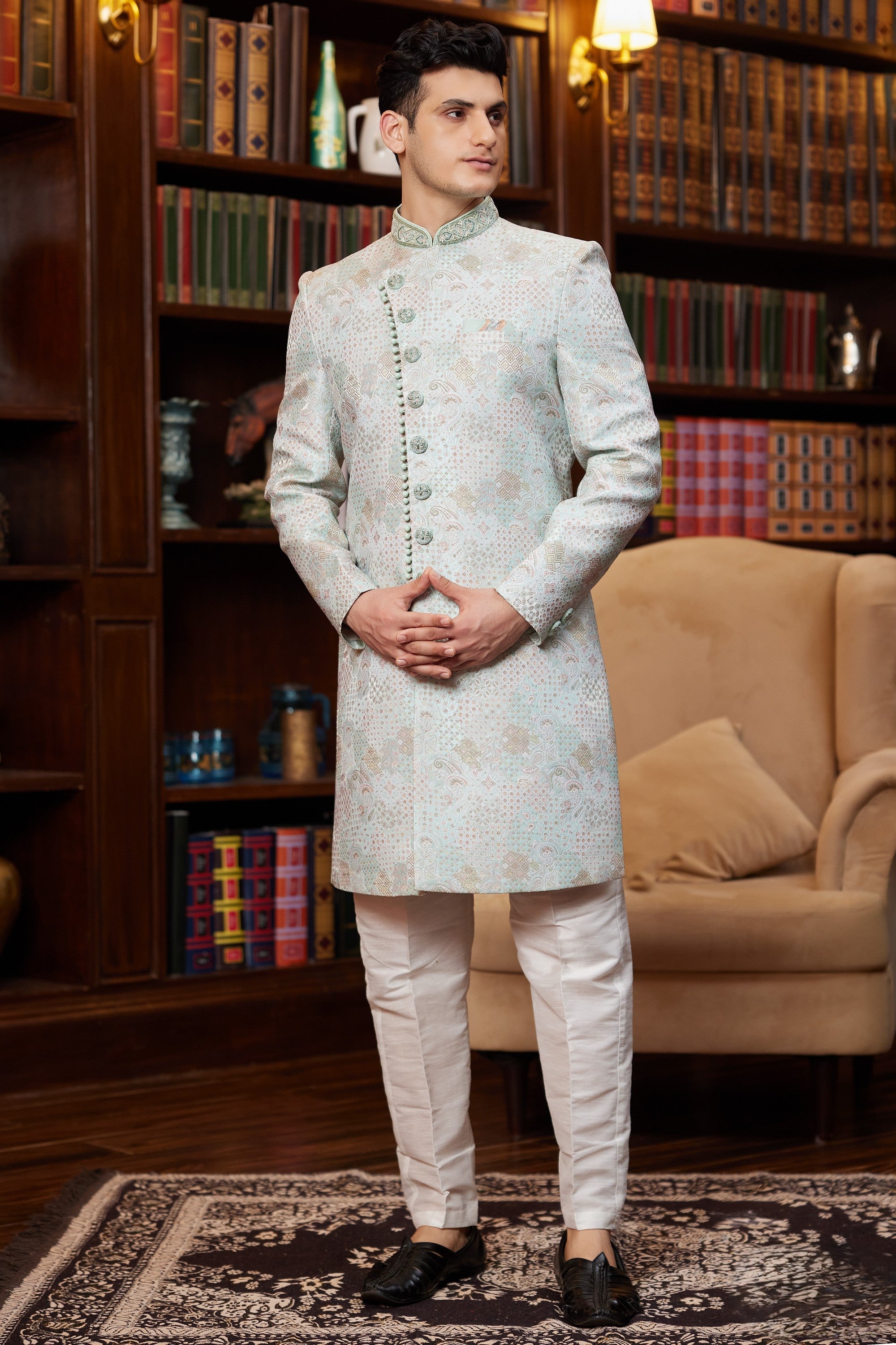 Silver Green Jacquard Silk Indo Western Traditional Sherwani Long Kurta & Pant Suit for Men for Wedding - Embroidery Work