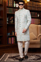 Silver Green Jacquard Silk Indo Western Traditional Sherwani Long Kurta & Pant Suit for Men for Wedding - Embroidery Work