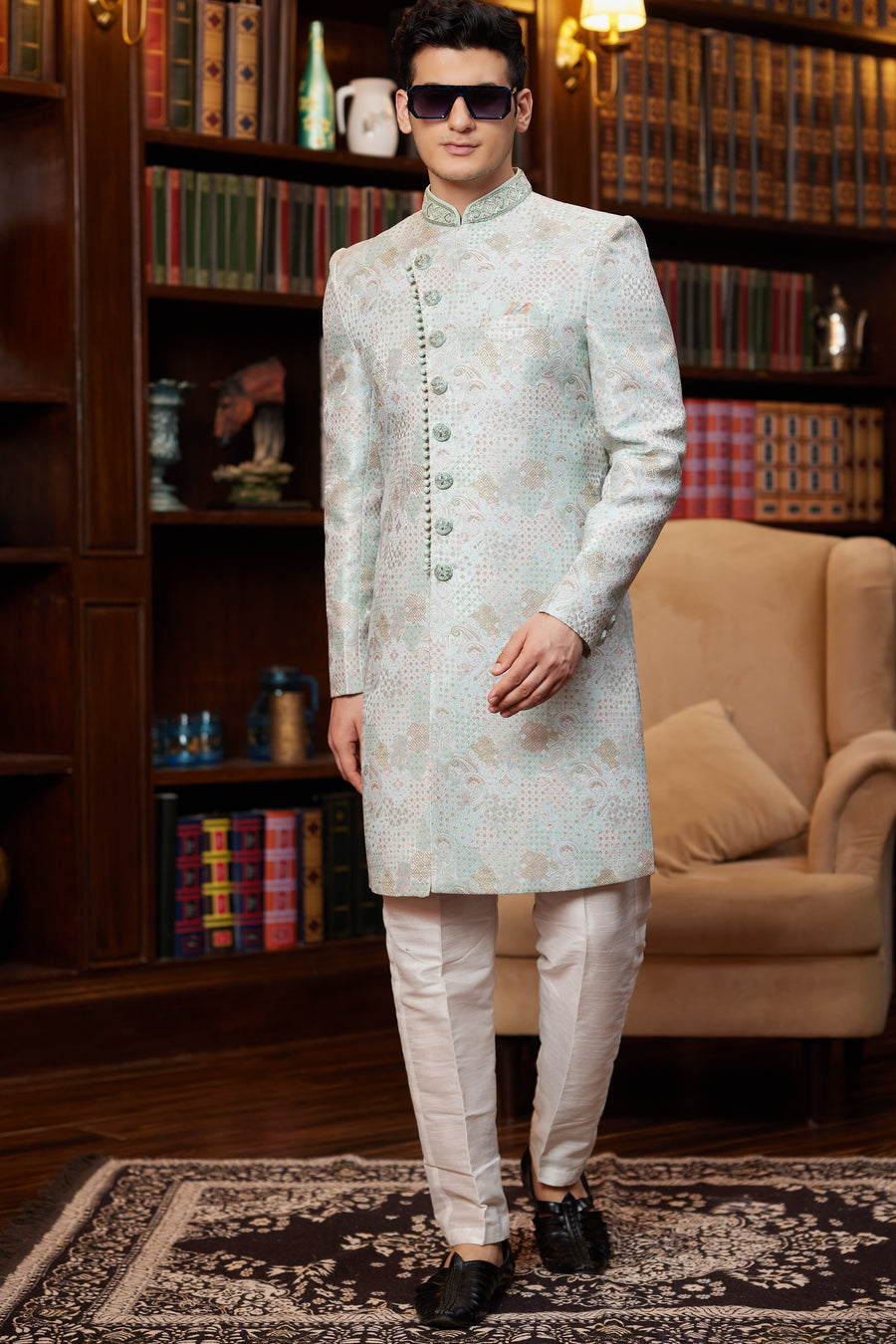 Silver Green Jacquard Silk Indo Western Traditional Sherwani Long Kurta & Pant Suit for Men for Wedding - Embroidery Work