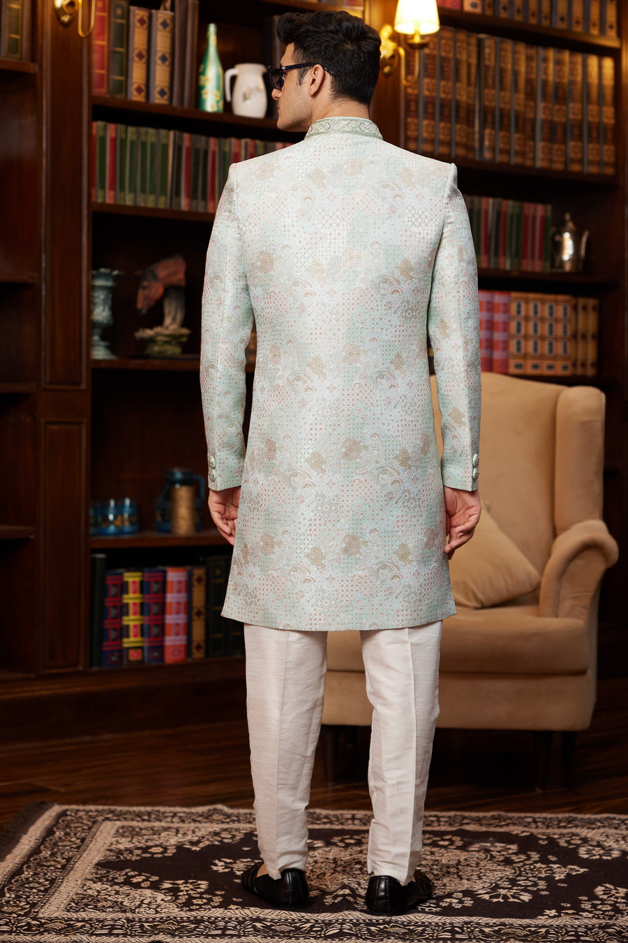 Silver Green Jacquard Silk Indo Western Traditional Sherwani Long Kurta & Pant Suit for Men for Wedding - Embroidery Work
