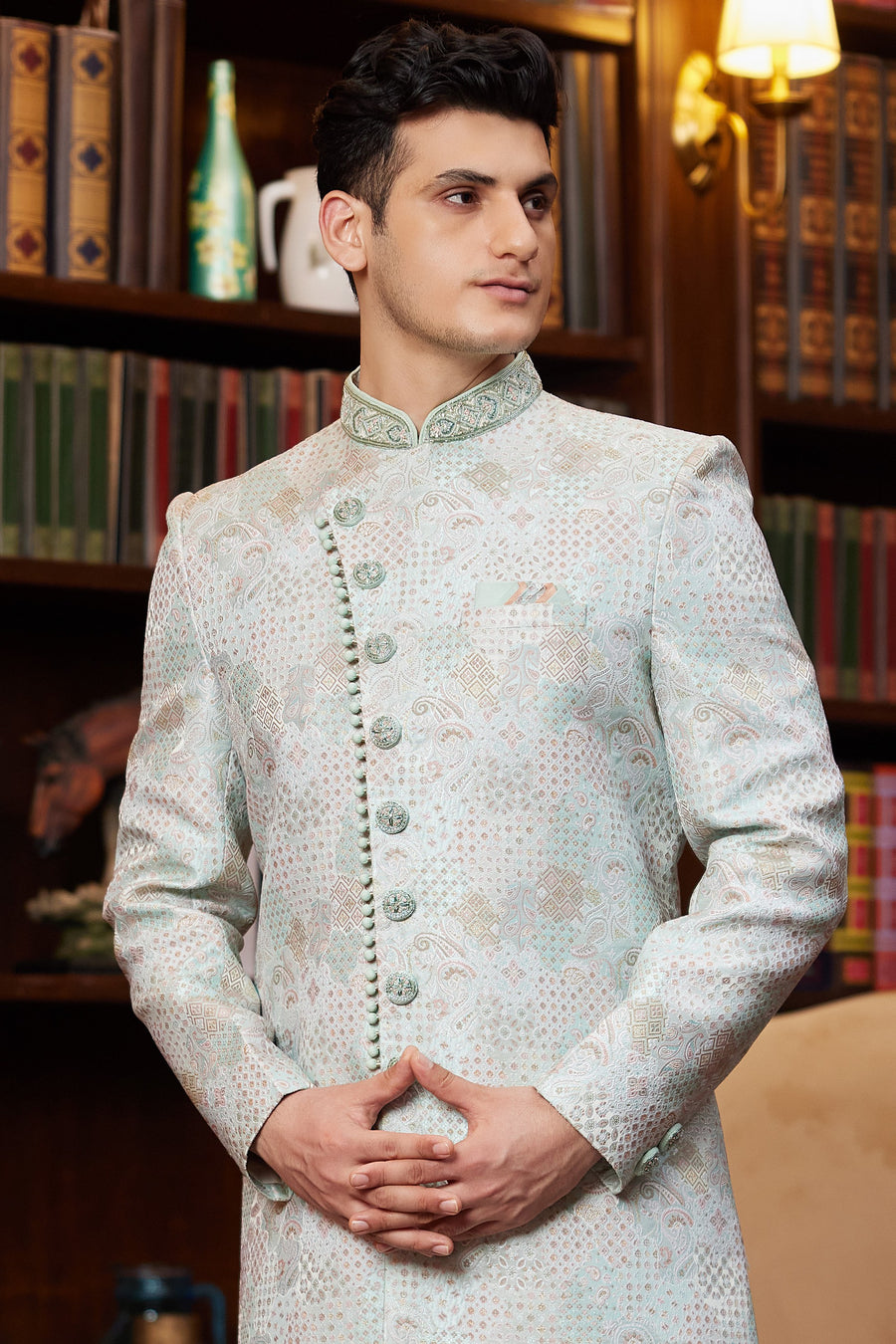 Silver Green Jacquard Silk Indo Western Traditional Sherwani Long Kurta & Pant Suit for Men for Wedding - Embroidery Work