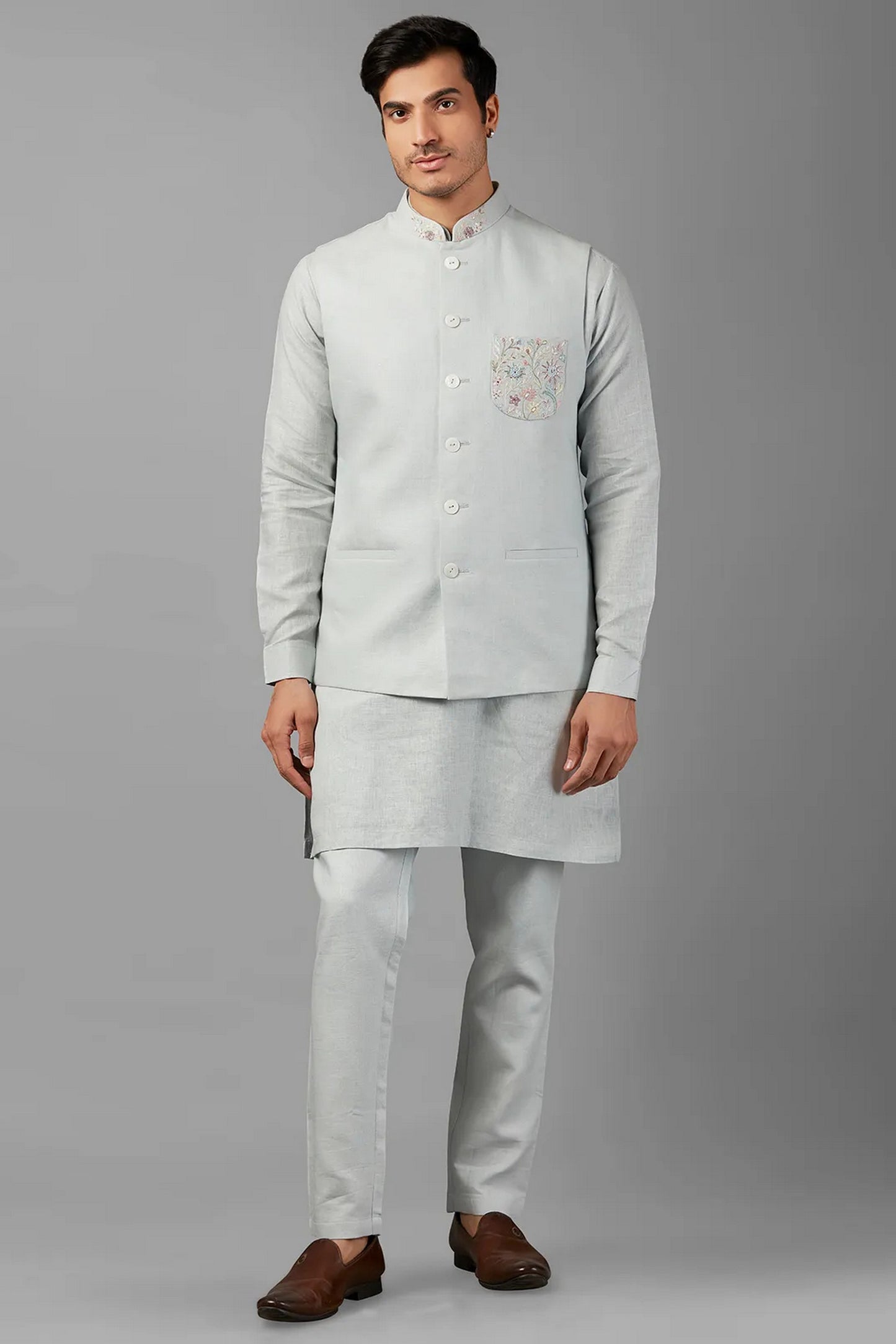 Silver Linen Men's Wedding Suit Waistcoat, Kurta with Pant - Embroidery Work