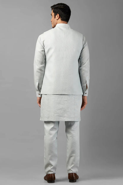 Silver Linen Men's Wedding Suit Waistcoat, Kurta with Pant - Embroidery Work