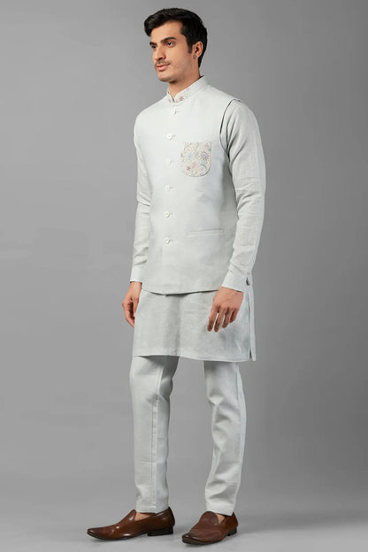 Silver Linen Men's Wedding Suit Waistcoat, Kurta with Pant - Embroidery Work