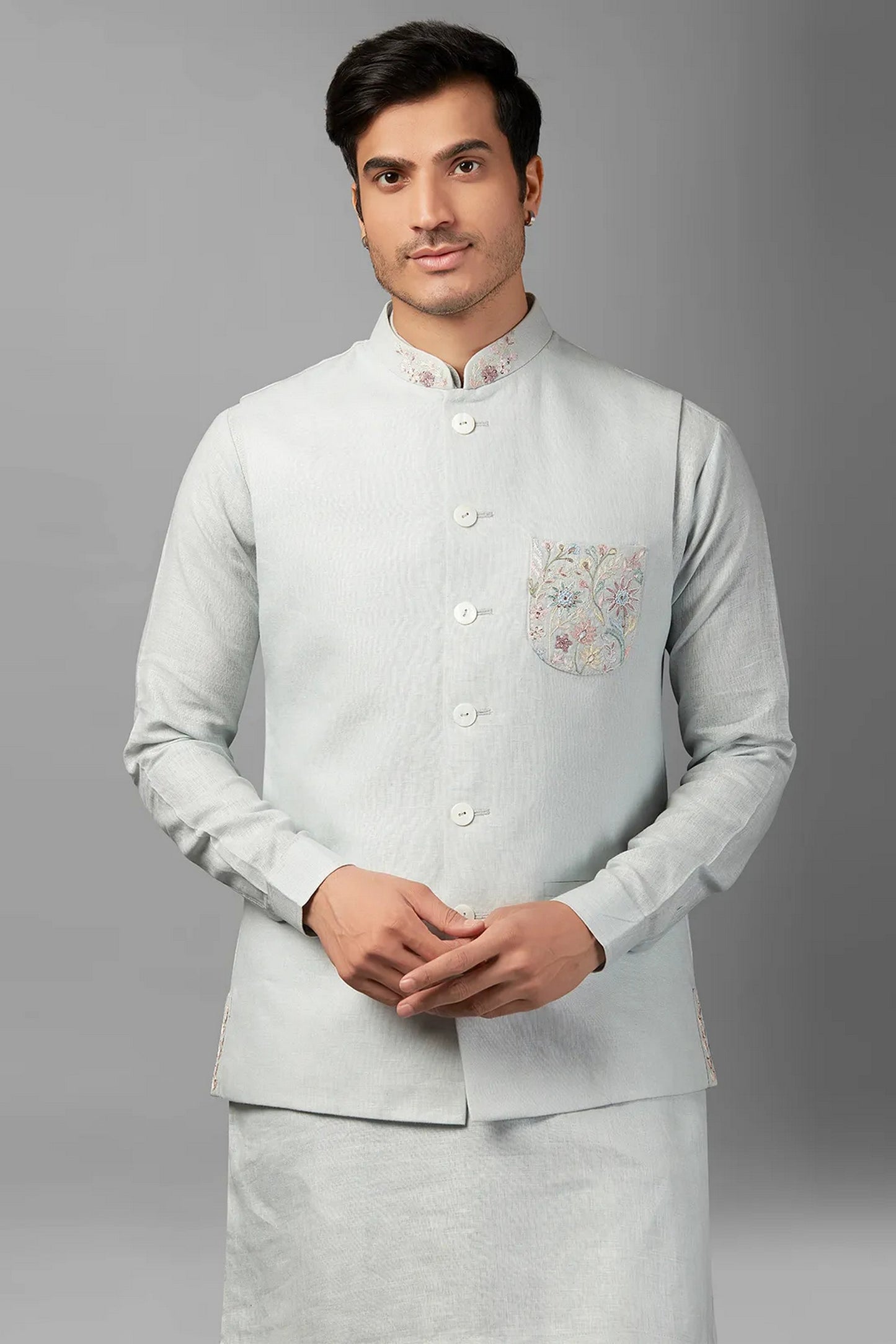 Silver Linen Men's Wedding Suit Waistcoat, Kurta with Pant - Embroidery Work