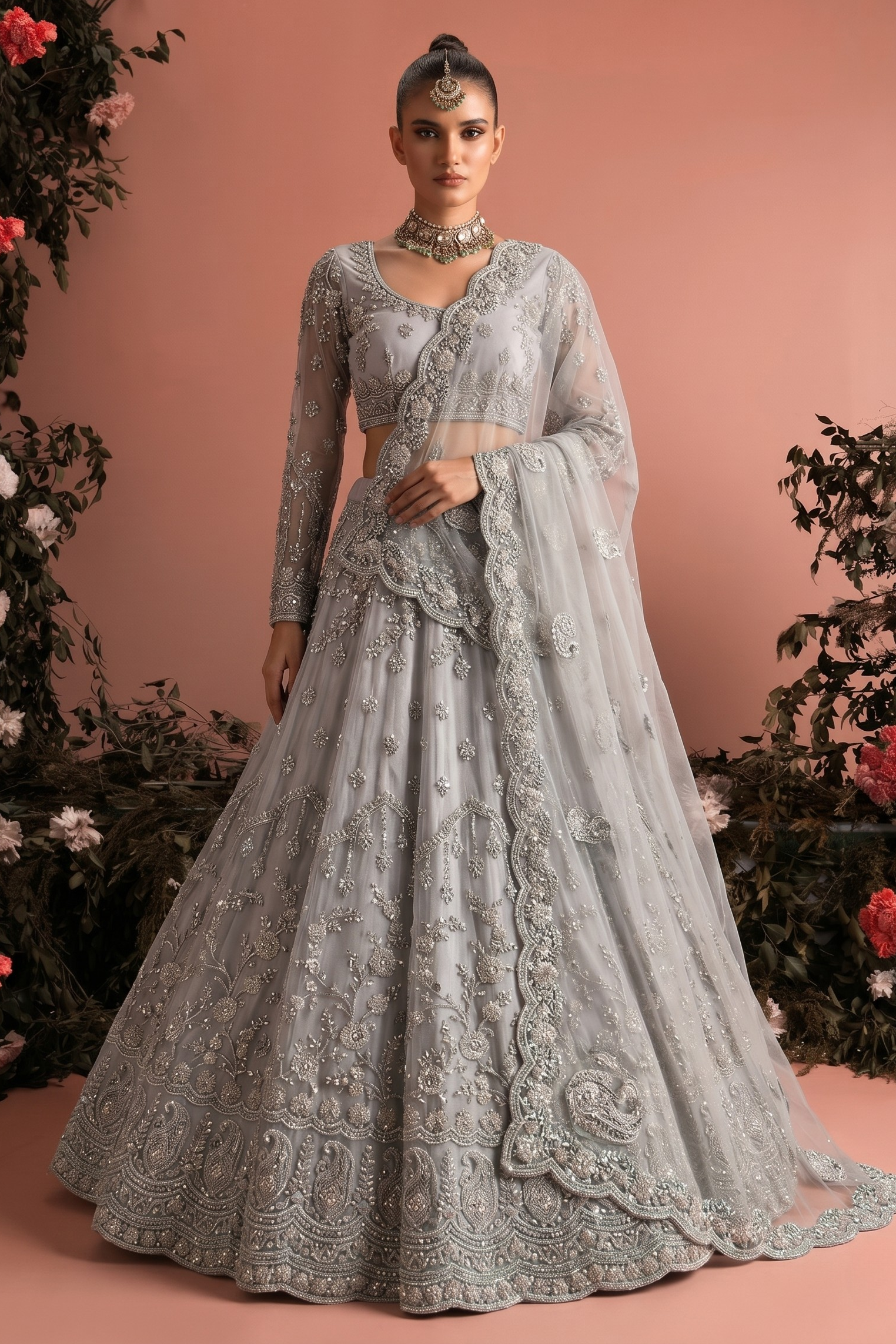 Silver Net Long Sleeves Lehenga Choli for Wedding Guest with Thread and Sequins Embroidery