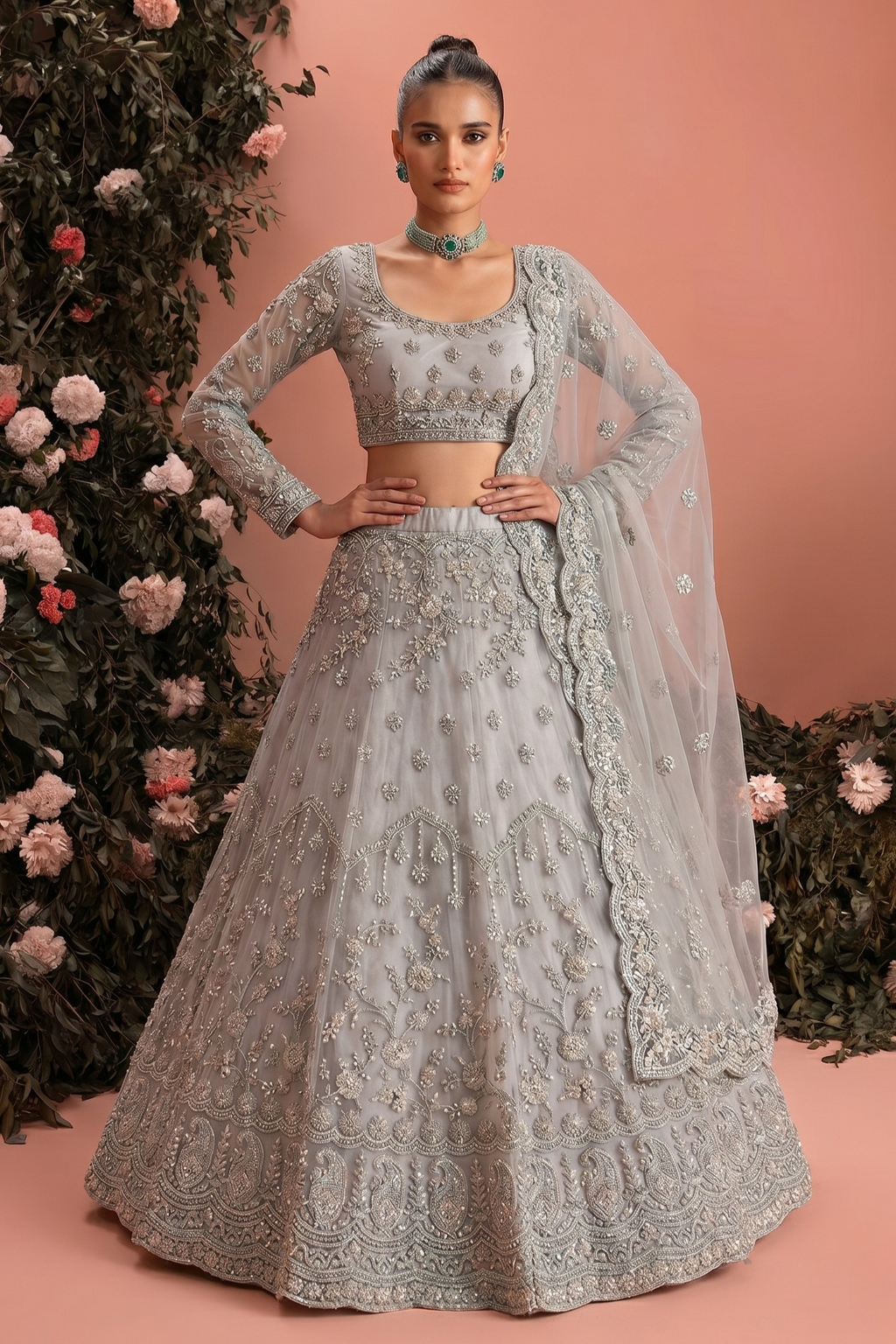 Silver Net Long Sleeves Lehenga Choli for Wedding Guest with Thread and Sequins Embroidery