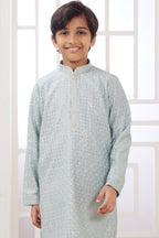 Sky Blue Art Silk 2 Piece Kids Wear Boys Suit Long Kurta Pajama for Kids for Festivals & Wedding - Embroidery Work