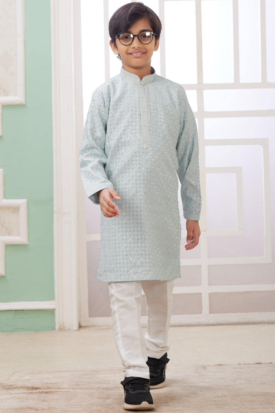 Sky Blue Art Silk 2 Piece Kids Wear Boys Suit Long Kurta Pajama for Kids for Festivals & Wedding - Embroidery Work