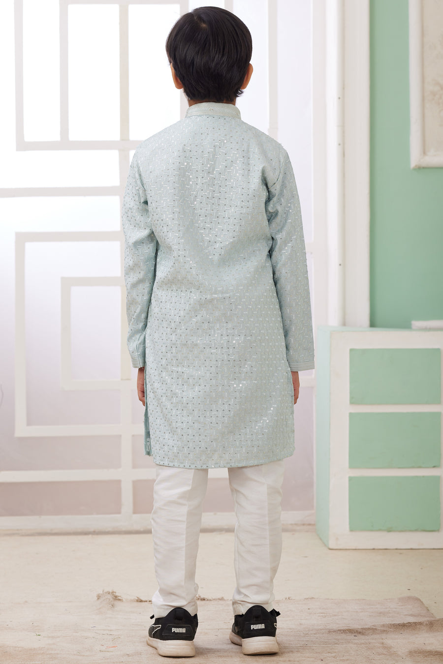 Sky Blue Art Silk 2 Piece Kids Wear Boys Suit Long Kurta Pajama for Kids for Festivals & Wedding - Embroidery Work