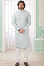 Sky Blue Art Silk Indo Western Traditional Sherwani Long Kurta & Pant Suit for Men for Wedding - Embrodery Work