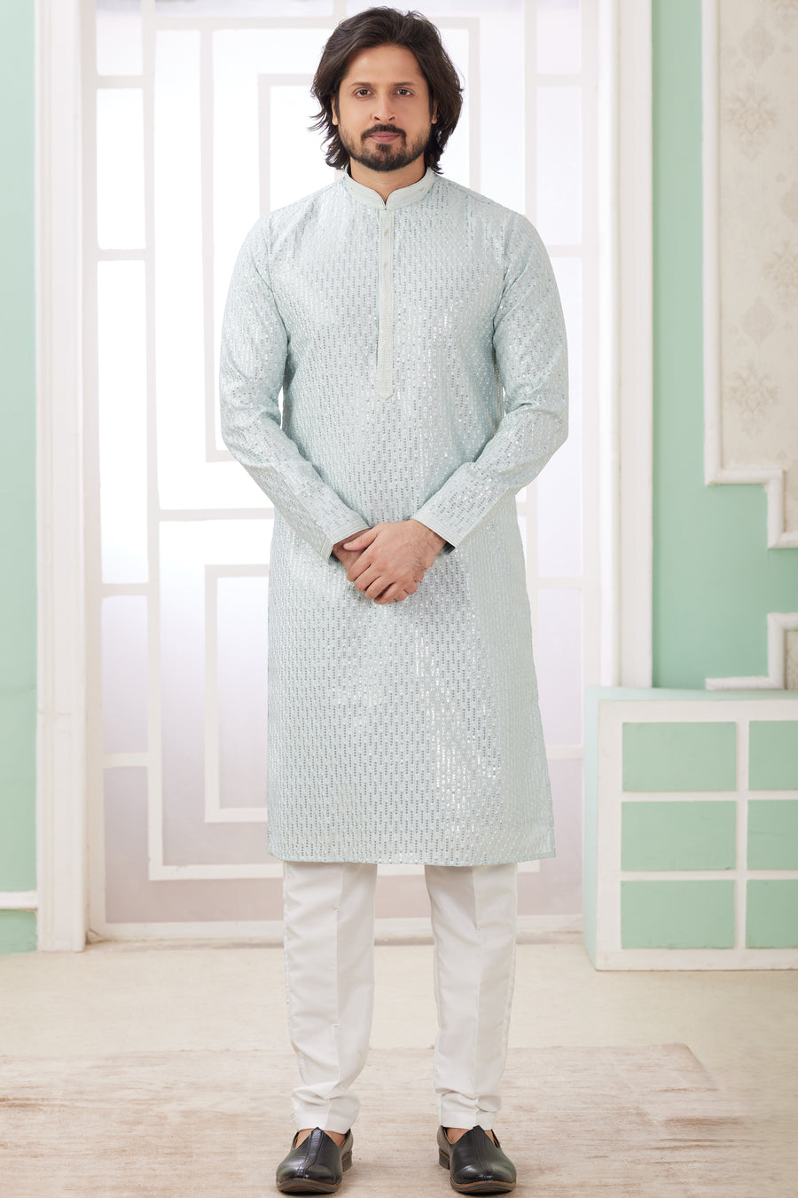 Sky Blue Art Silk Indo Western Traditional Sherwani Long Kurta & Pant Suit for Men for Wedding - Embrodery Work