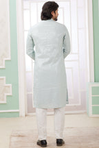 Sky Blue Art Silk Indo Western Traditional Sherwani Long Kurta & Pant Suit for Men for Wedding - Embrodery Work