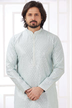 Sky Blue Art Silk Indo Western Traditional Sherwani Long Kurta & Pant Suit for Men for Wedding - Embrodery Work