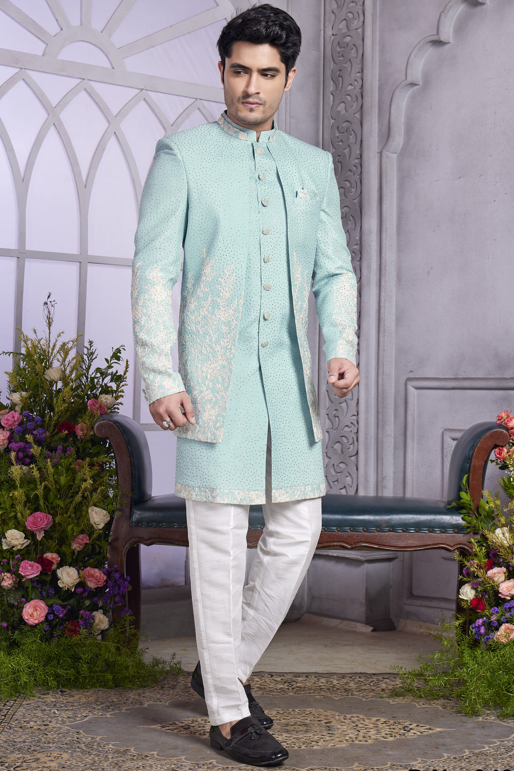 Sky Blue Art Silk Indo Western Traditional Sherwani Kurta with Jacket & Pant for Men for Wedding - Embroidery Work