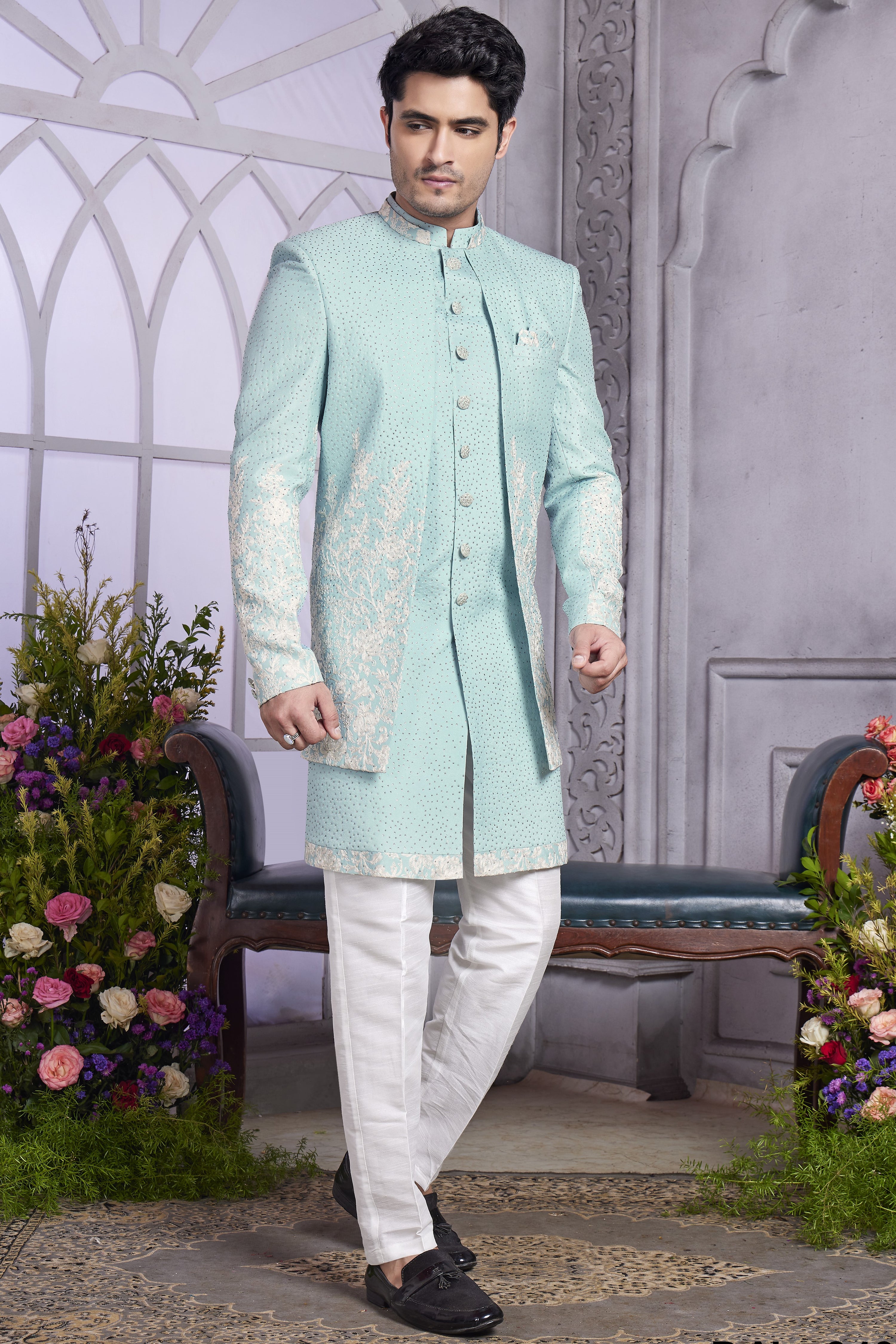 Sky Blue Art Silk Indo Western Traditional Sherwani Kurta with Jacket & Pant for Men for Wedding - Embroidery Work