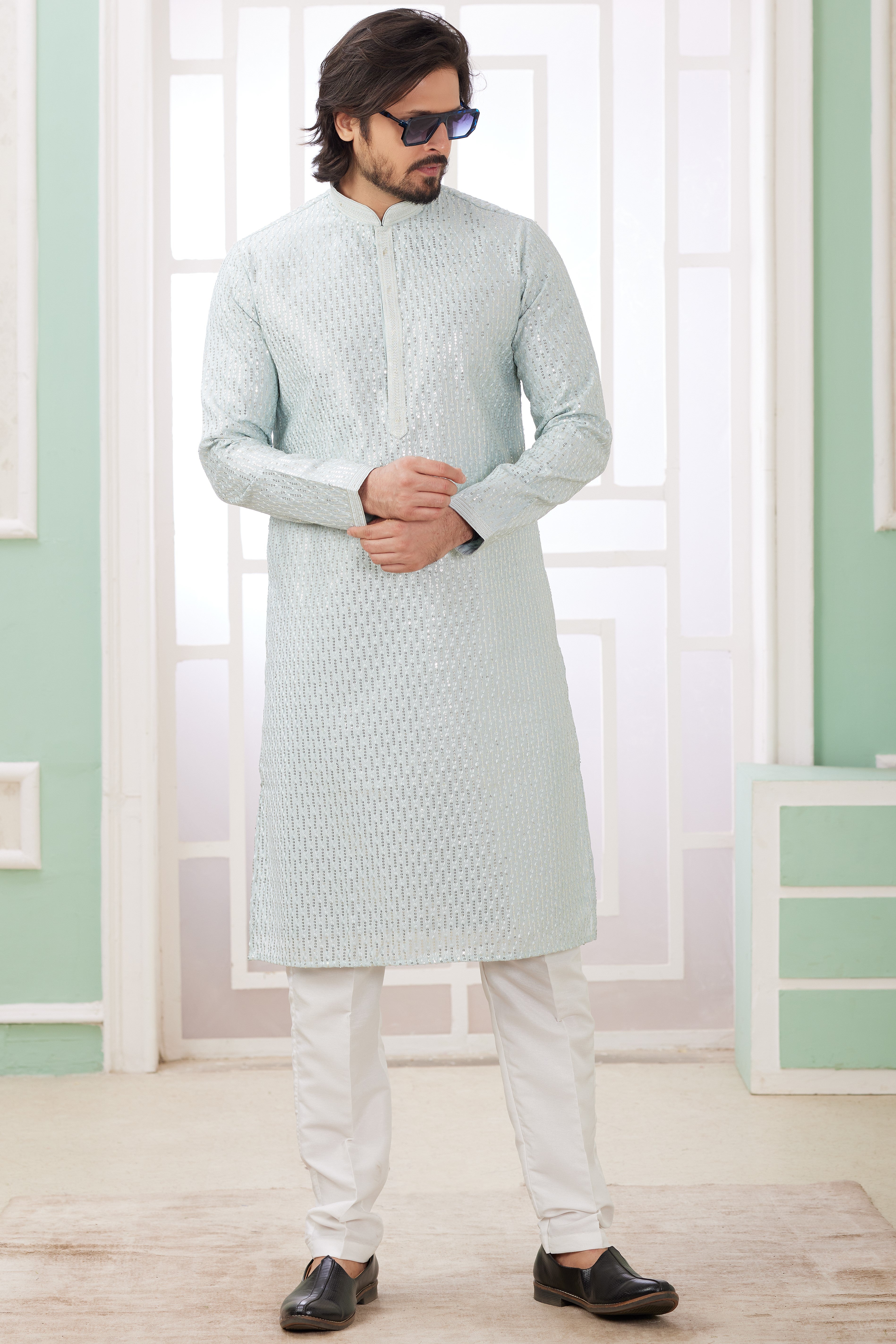 Sky Blue Art Silk Indo Western Traditional Sherwani Long Kurta & Pant Suit for Men for Wedding - Embrodery Work