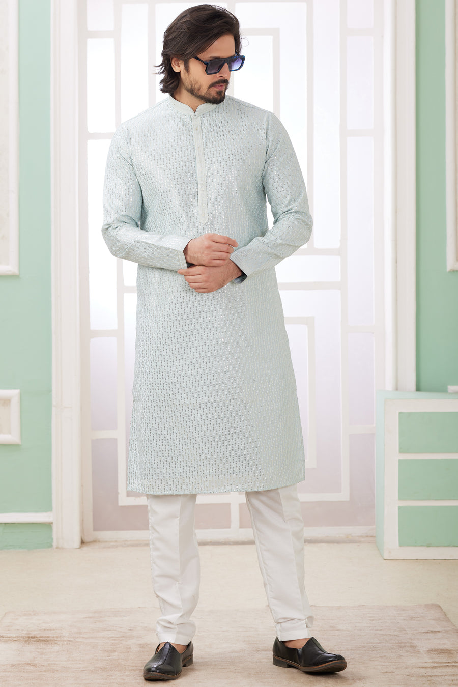 Sky Blue Art Silk Indo Western Traditional Sherwani Long Kurta & Pant Suit for Men for Wedding - Embrodery Work