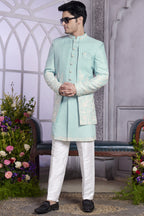 Sky Blue Art Silk Indo Western Traditional Sherwani Kurta with Jacket & Pant for Men for Wedding - Embroidery Work