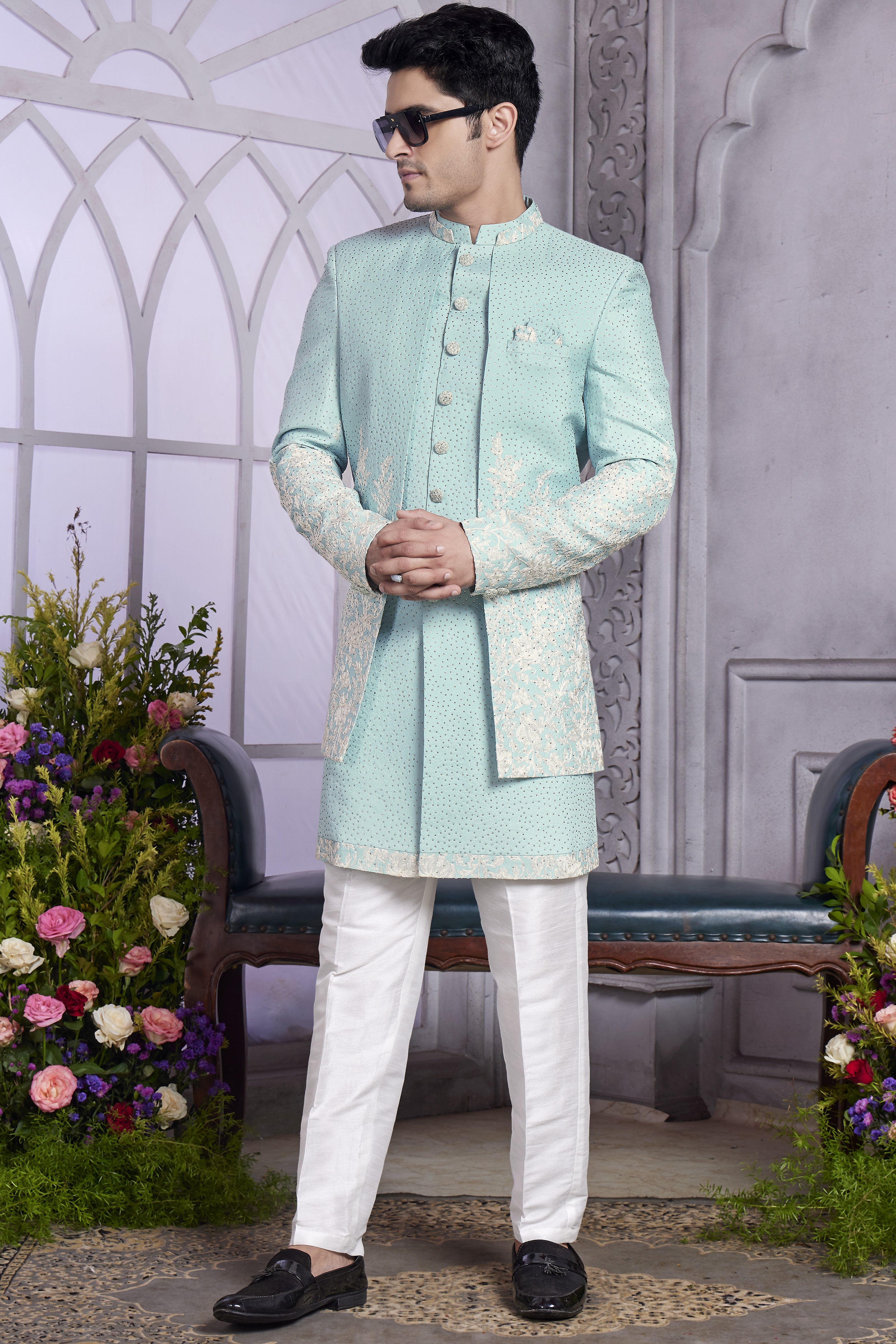 Sky Blue Art Silk Indo Western Traditional Sherwani Kurta with Jacket & Pant for Men for Wedding - Embroidery Work