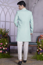 Sky Blue Art Silk Indo Western Traditional Sherwani Kurta with Jacket & Pant for Men for Wedding - Embroidery Work