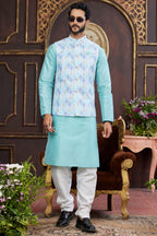 Sky Blue Art Silk Kurta Pajama with Waistcoat Jacket for Men for Wedding & Festival - Print Work