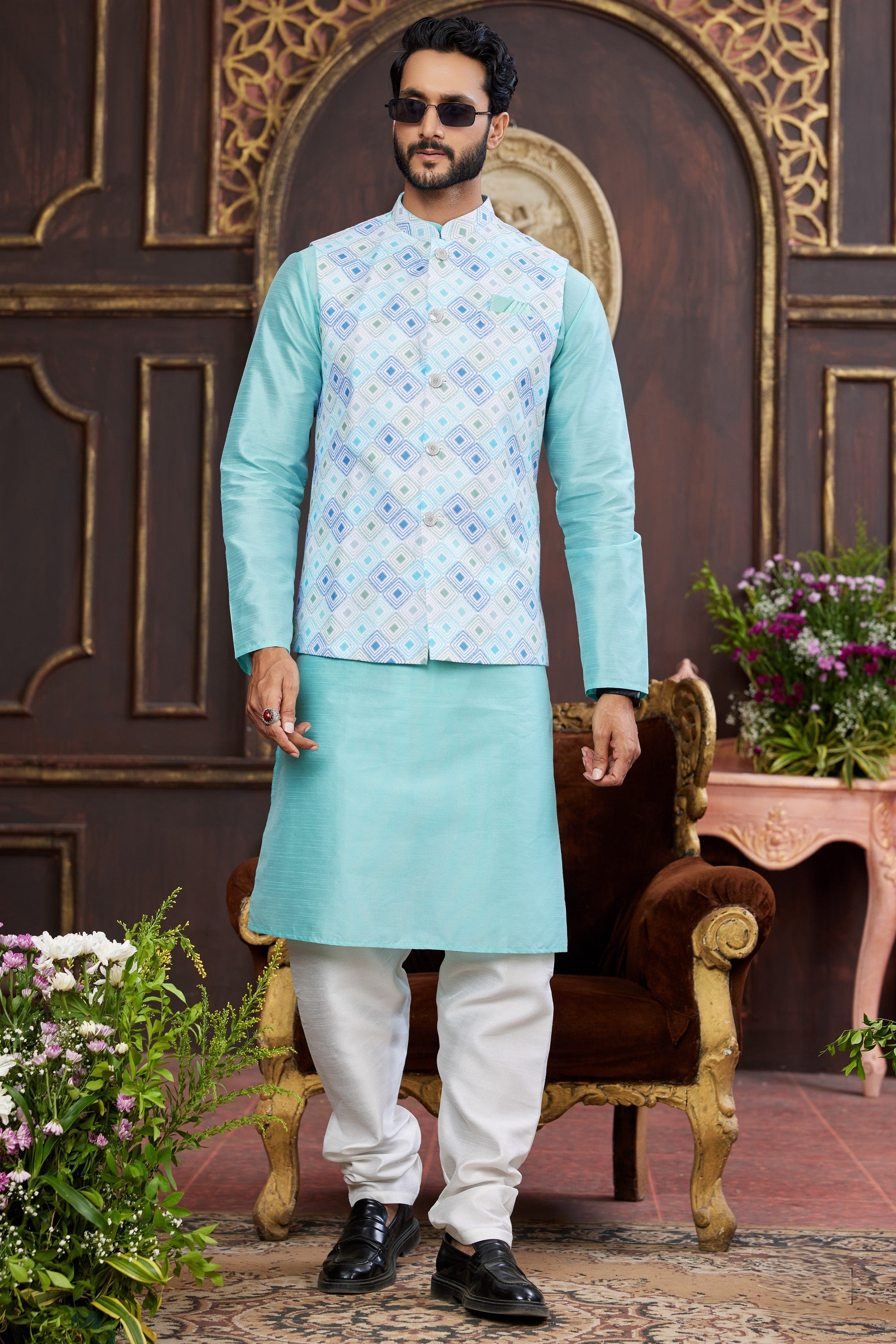 Sky Blue Art Silk Kurta Pajama with Waistcoat Jacket for Men for Wedding & Festival - Print Work