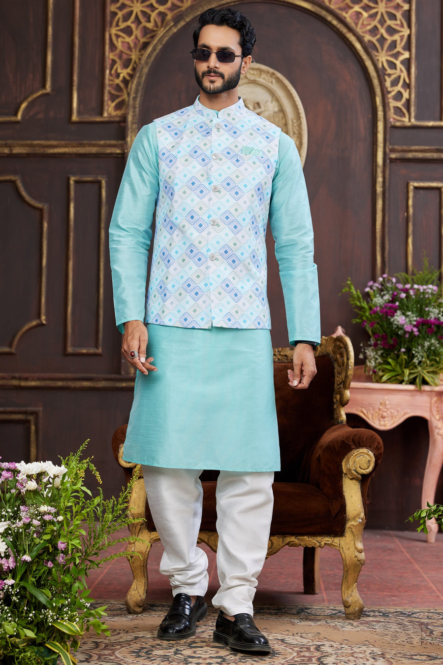 Sky Blue Art Silk Kurta Pajama with Waistcoat Jacket for Men for Wedding & Festival - Print Work
