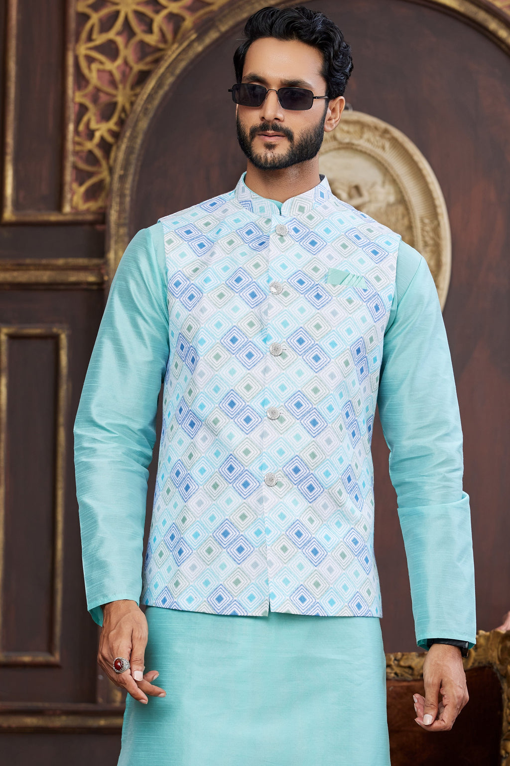 Sky Blue Art Silk Kurta Pajama with Waistcoat Jacket for Men for Wedding & Festival - Print Work