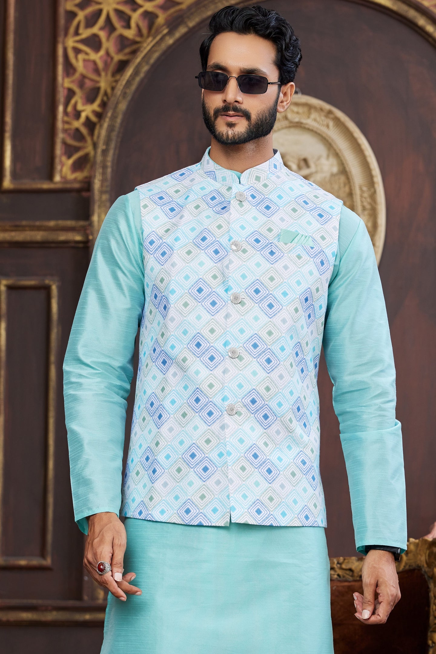 Sky Blue Art Silk Kurta Pajama with Waistcoat Jacket for Men for Wedding & Festival - Print Work