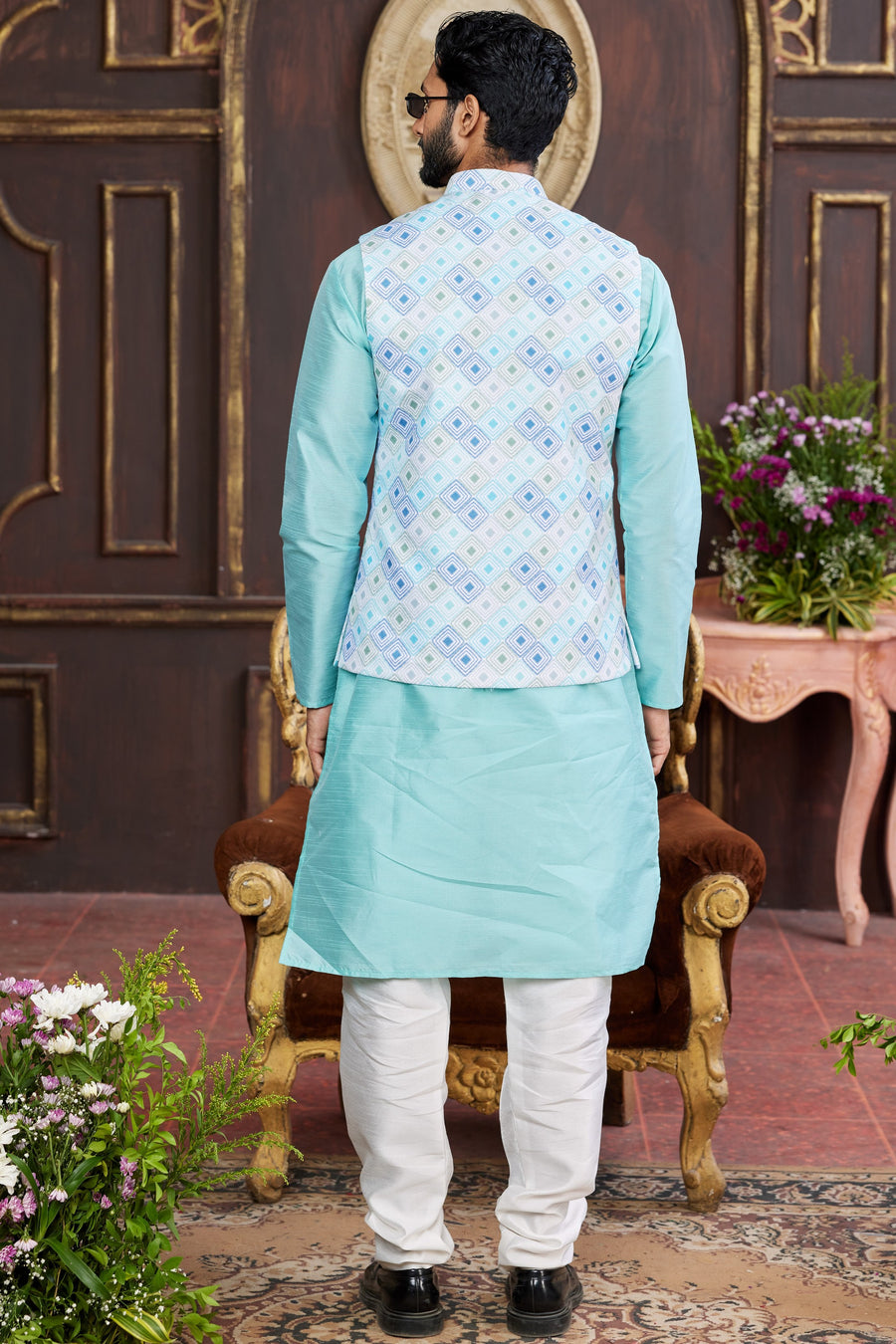 Sky Blue Art Silk Kurta Pajama with Waistcoat Jacket for Men for Wedding & Festival - Print Work