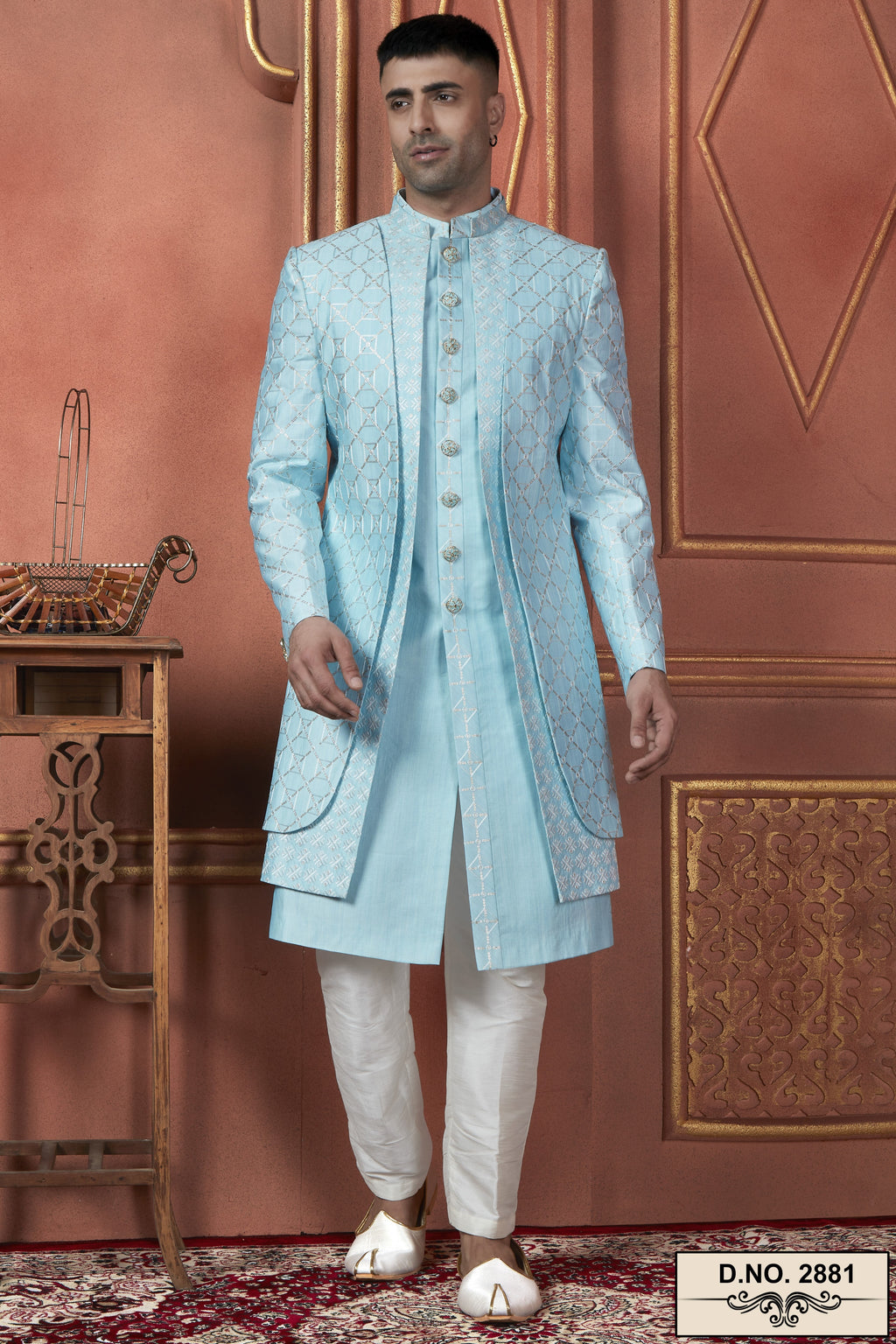 Sky Blue Art Silk Traditional Indo Western Sherwani Kurta with Jacket & Pant Suit for Men - Thread Embroidery Work