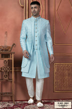 Sky Blue Art Silk Traditional Indo Western Sherwani Kurta with Jacket & Pant Suit for Men - Thread Embroidery Work