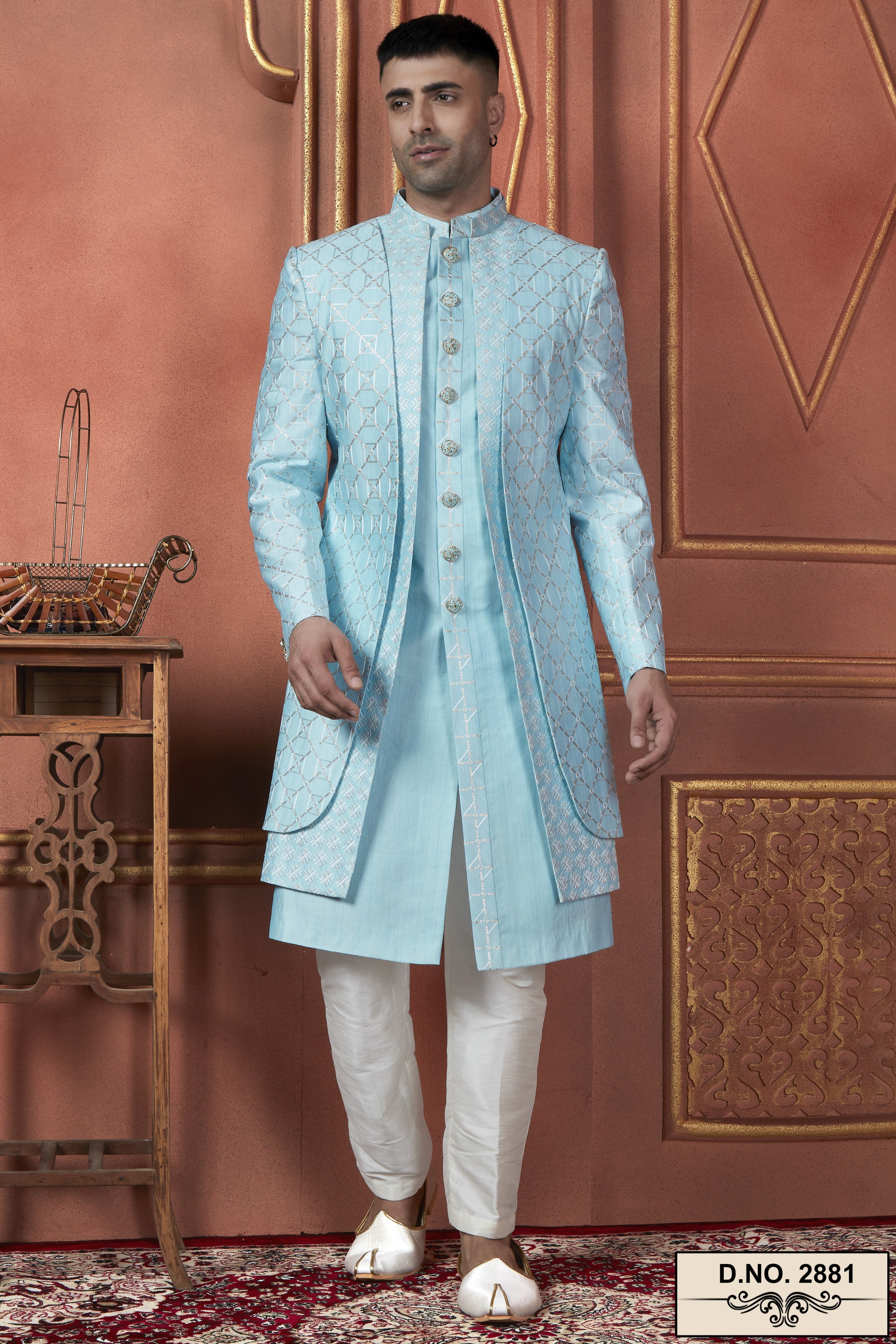 Sky Blue Art Silk Traditional Indo Western Sherwani Kurta with Jacket & Pant Suit for Men - Thread Embroidery Work