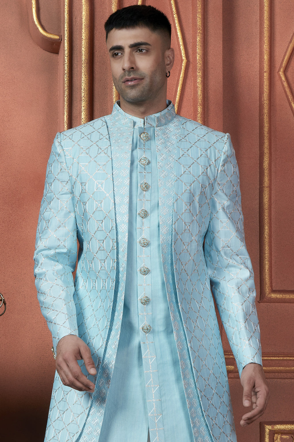 Sky Blue Art Silk Traditional Indo Western Sherwani Kurta with Jacket & Pant Suit for Men - Thread Embroidery Work