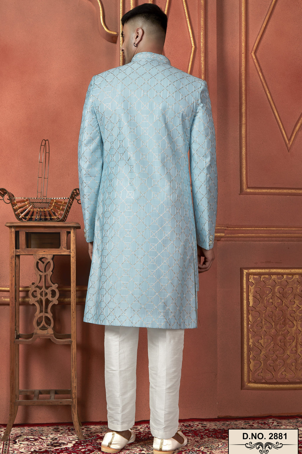 Sky Blue Art Silk Traditional Indo Western Sherwani Kurta with Jacket & Pant Suit for Men - Thread Embroidery Work