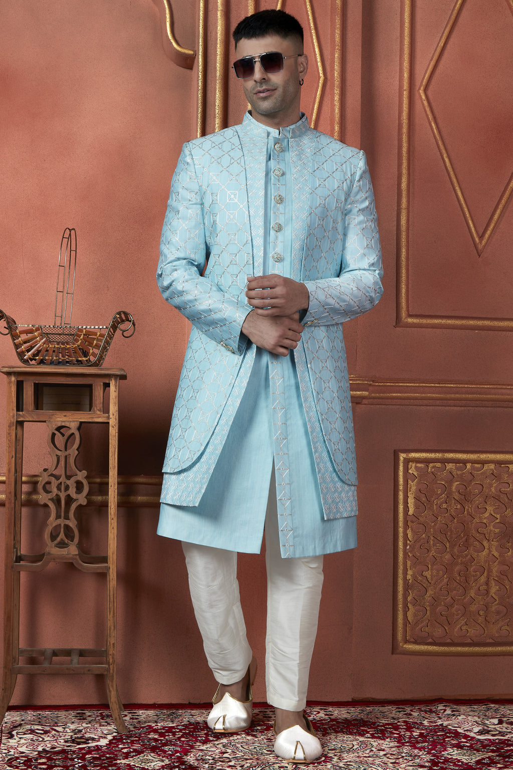 Sky Blue Art Silk Traditional Indo Western Sherwani Kurta with Jacket & Pant Suit for Men - Thread Embroidery Work