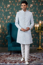 Sky Blue Art Silk Traditional Sherwani Long Kurta & Chudidar for Men for Wedding - Embroidery Work, Bead Work
