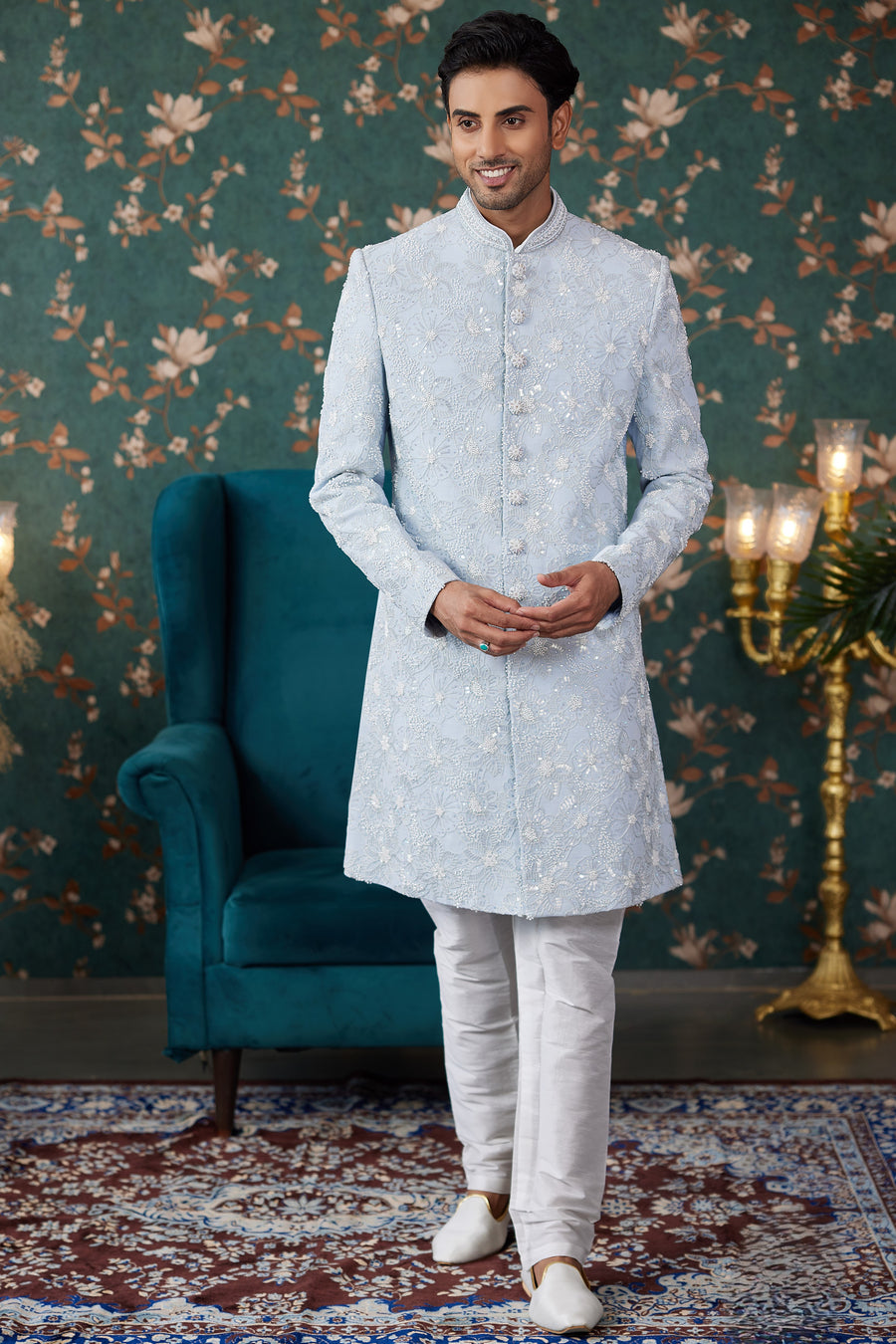 Sky Blue Art Silk Traditional Sherwani Long Kurta & Chudidar for Men for Wedding - Embroidery Work, Bead Work