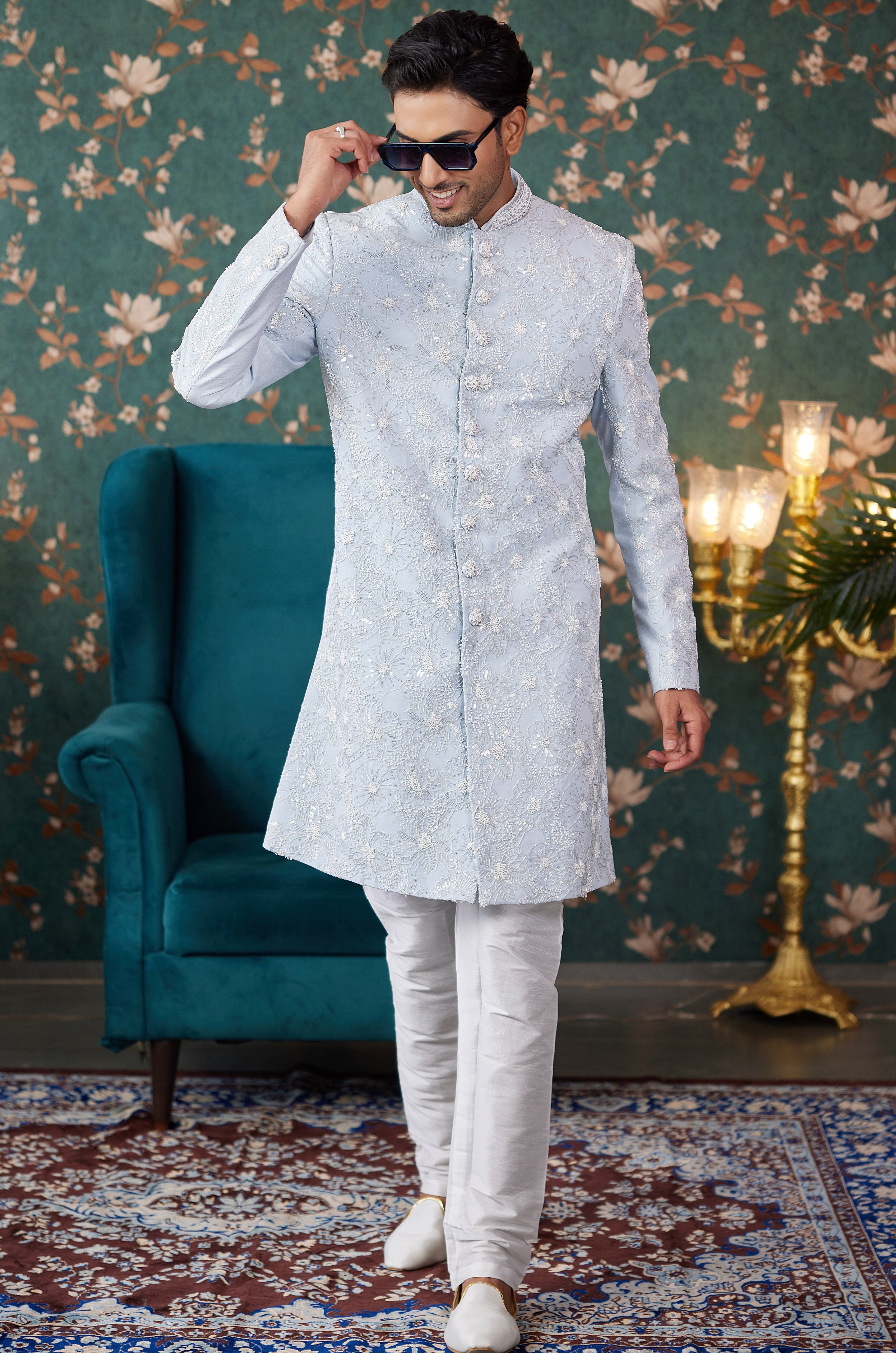 Sky Blue Art Silk Traditional Sherwani Long Kurta & Chudidar for Men for Wedding - Embroidery Work, Bead Work