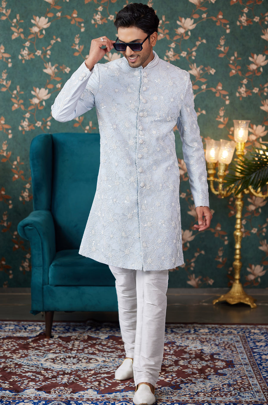 Sky Blue Art Silk Traditional Sherwani Long Kurta & Chudidar for Men for Wedding - Embroidery Work, Bead Work