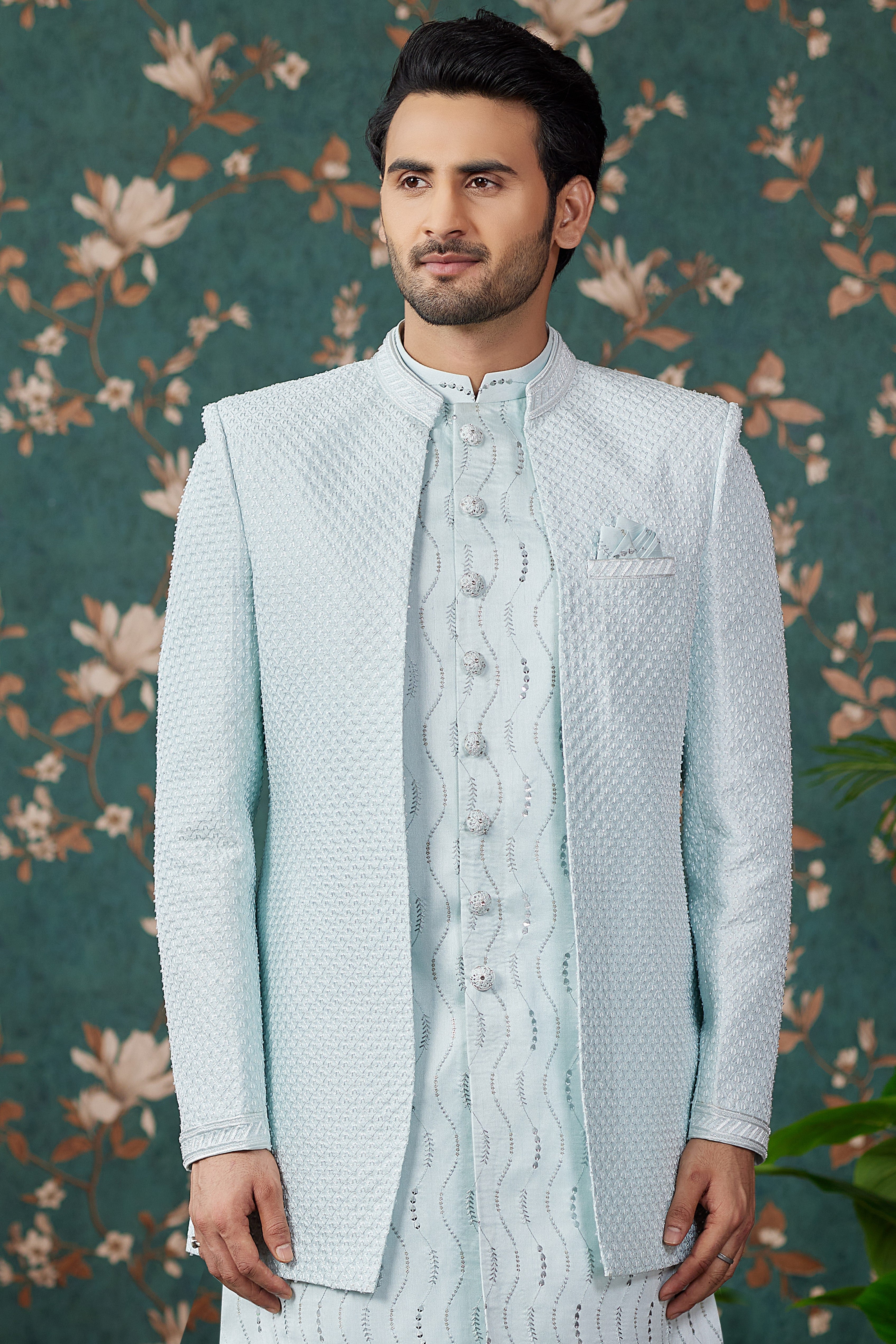 Sky Blue Art Silk Traditional Sherwani Long Kurta & Pant for Men for Wedding - Embroidery Work, Bead Work