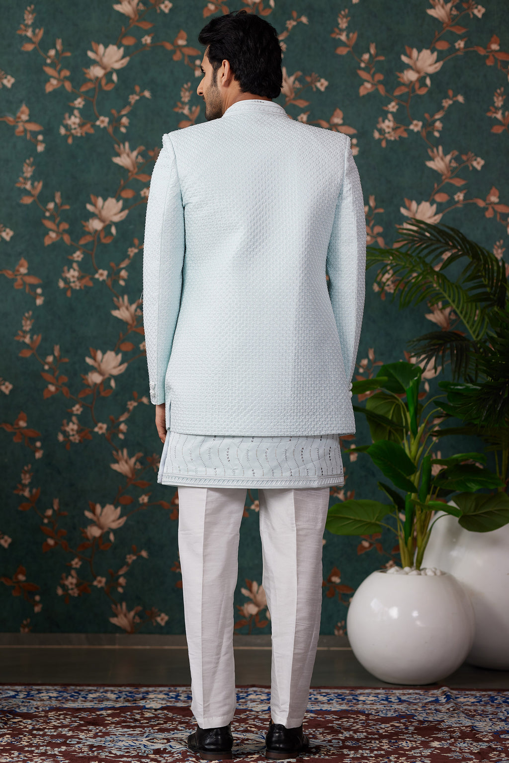 Sky Blue Art Silk Traditional Sherwani Long Kurta & Pant for Men for Wedding - Embroidery Work, Bead Work