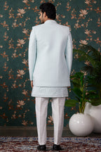 Sky Blue Art Silk Traditional Sherwani Long Kurta & Pant for Men for Wedding - Embroidery Work, Bead Work