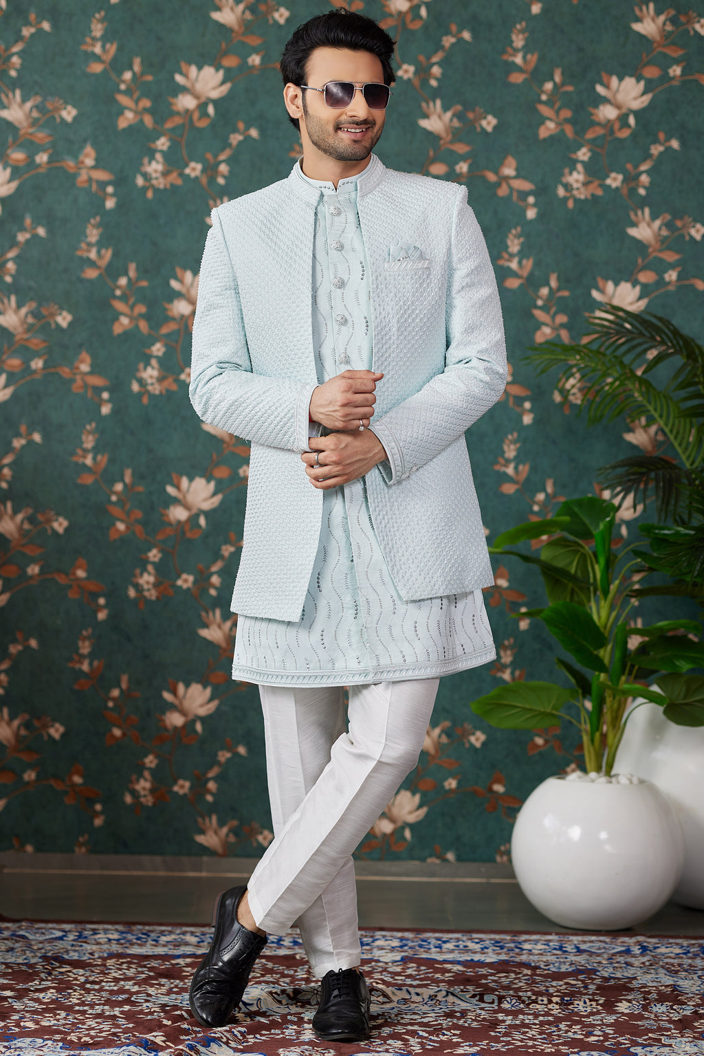 Sky Blue Art Silk Traditional Sherwani Long Kurta & Pant for Men for Wedding - Embroidery Work, Bead Work